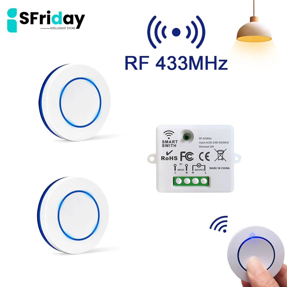 IsFriday 무선 원격 제어 조명 스위치, 릴레이 컨트롤러, LED 조명용 미니 라운드 버튼 벽 패널 스위치, 433MHz, 10A