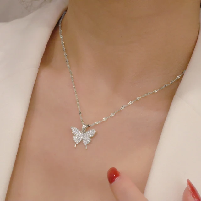 Fashion Shining Zircon Butterfly Pendant Necklace Women Elegant Ins Style Chain Jewelry Party Cocktail Accessories Gifts 5
