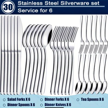 30-Piece Stainless Steel Flatware Set for 6, Luxury Silver Cutlery with Steak Knives, Forks & Spoons Dining Set 1