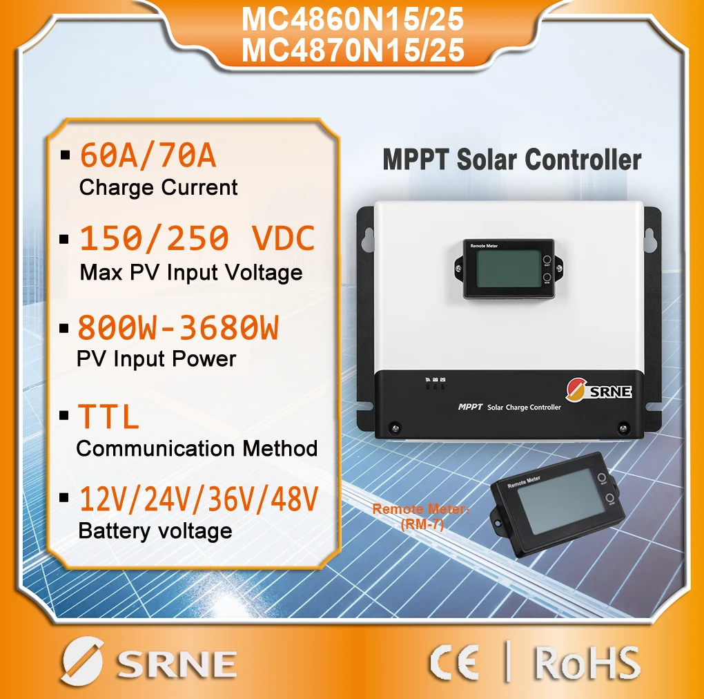 

SRNE PV MAX Input 250VDC Solar Controller PV MPPT 60A 70A Regulator Auto Match 12V 24V 36V 48V For Lifepo4 Lithium GEL Lead Acid