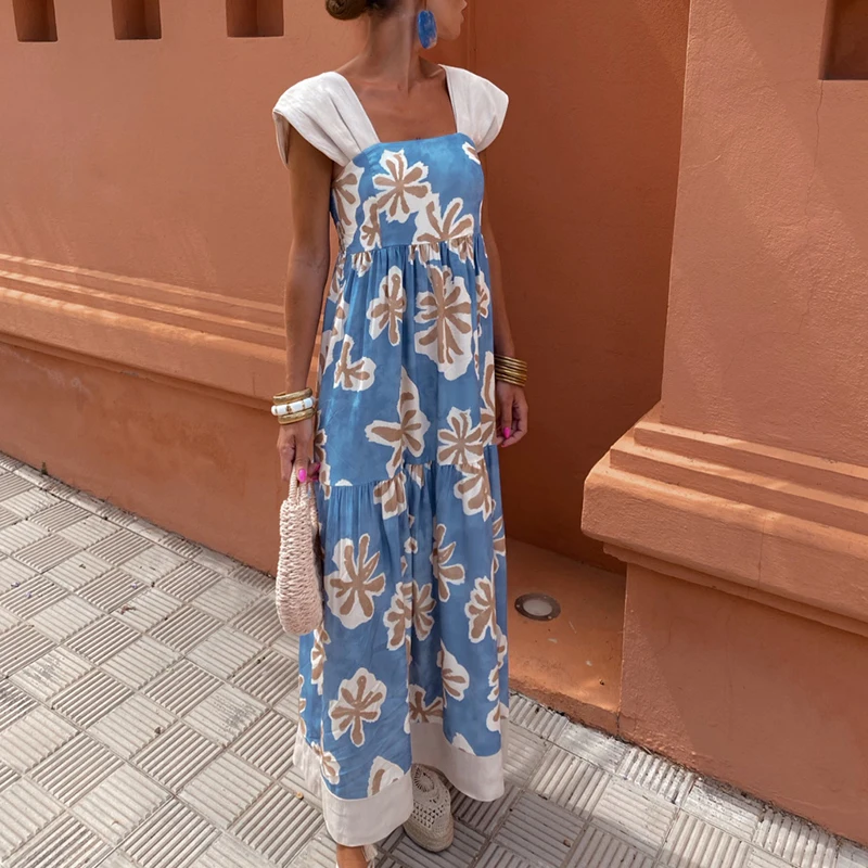 

Elegant Slim Women Long Dresses Lady Sexy Square Neck Floral Print Party Dress Summer Fashion Sleeveless Pleated Bohemian Dress