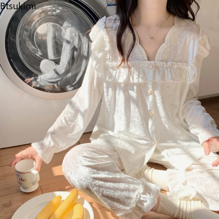 

2024 Women's Casual Velvet Pajama Sets Spring Autumn Long Sleeve 2PCS Sleepwear Sets Lace V-Neck Casual Homewear Lounge Female