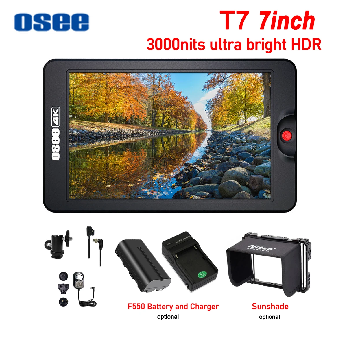 

Osee T7 7 Inch 3000Nits Ultra Bright 4K Monitor On Camera HDMI-Compatible Input and Output HDR 3D LUT FHD Camera Video Monitor