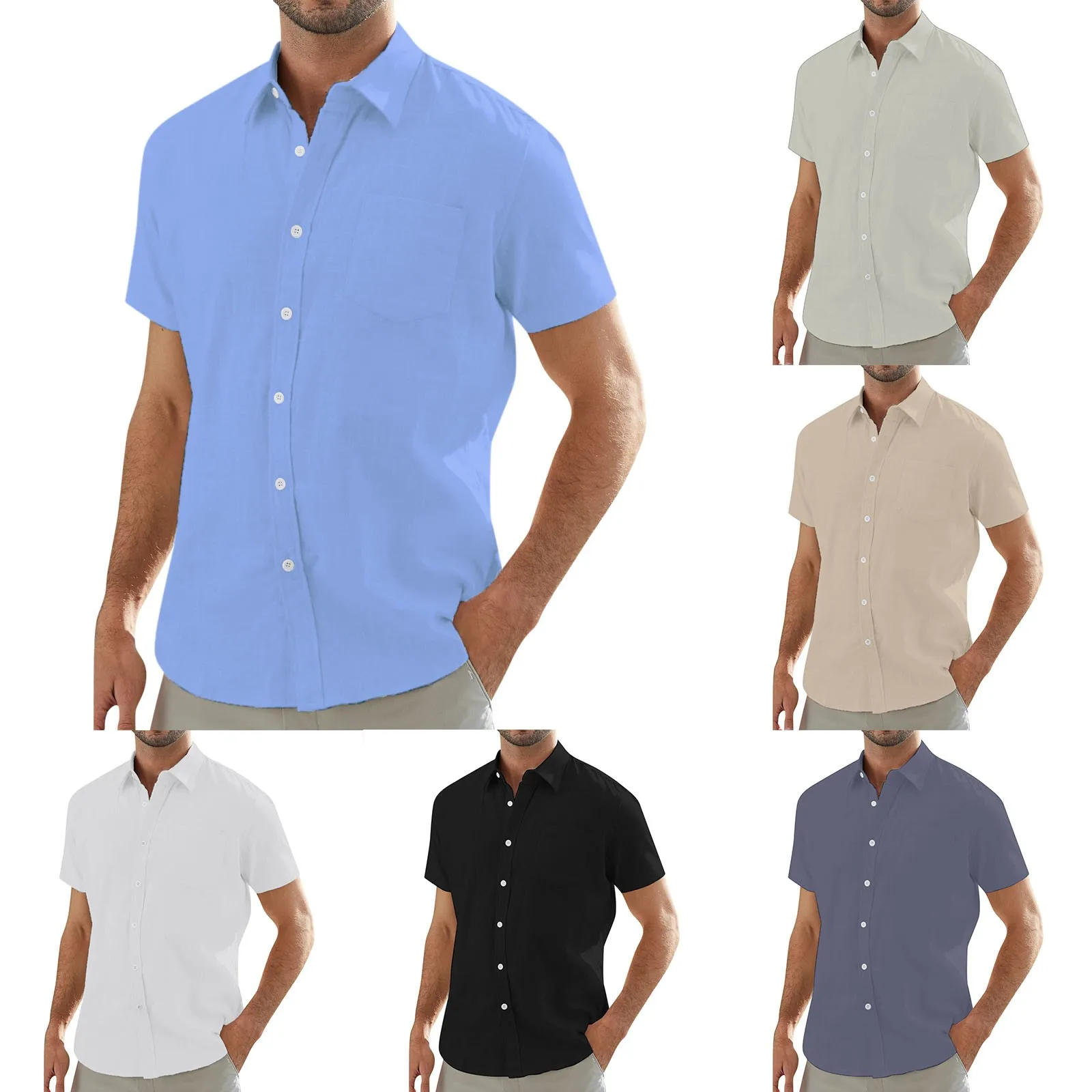 

Мужская хлопковая Однотонная рубашка с воротником с пряжкой и коротким рукавом в этническом европейском и американском стиле