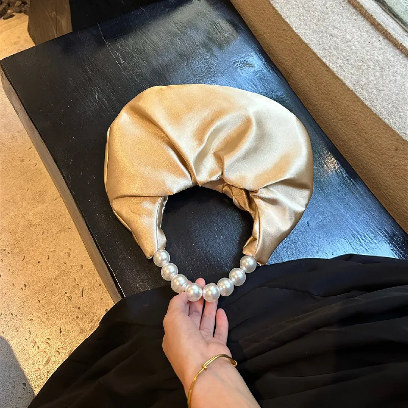 French Design Pleated Satin pearl Bag Women's Sweet Cloud Handbag Ladies Soft Wedding Evening Bags Prom Hot Pink Bags