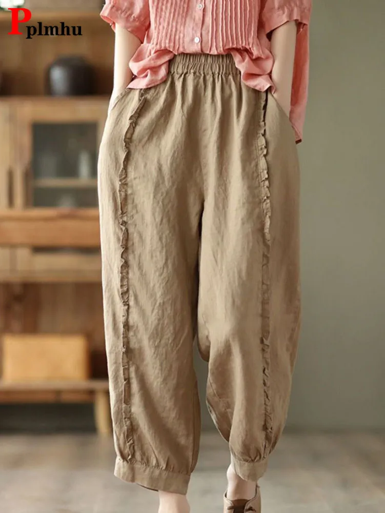 

Vintage Baggy Lace Harem Pants Casual Cotton Linen High Waist Bloomers Pantalones Sweet Women Ankle-length Hose Jogger Trousers
