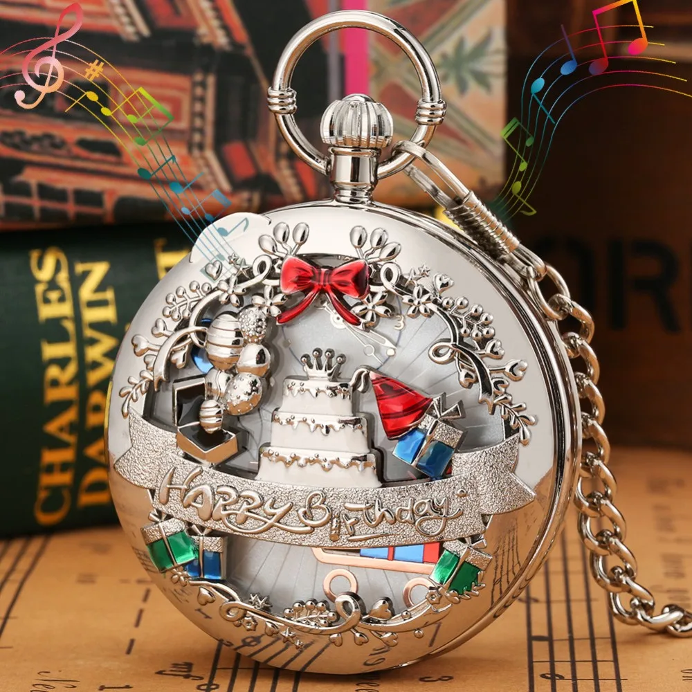 New Fashion Music Pocket Watch Luxury Hollow Quartz Collana Chain Clock Happy Birthday Hollow Lovers Regalo Da Collezione Creativo