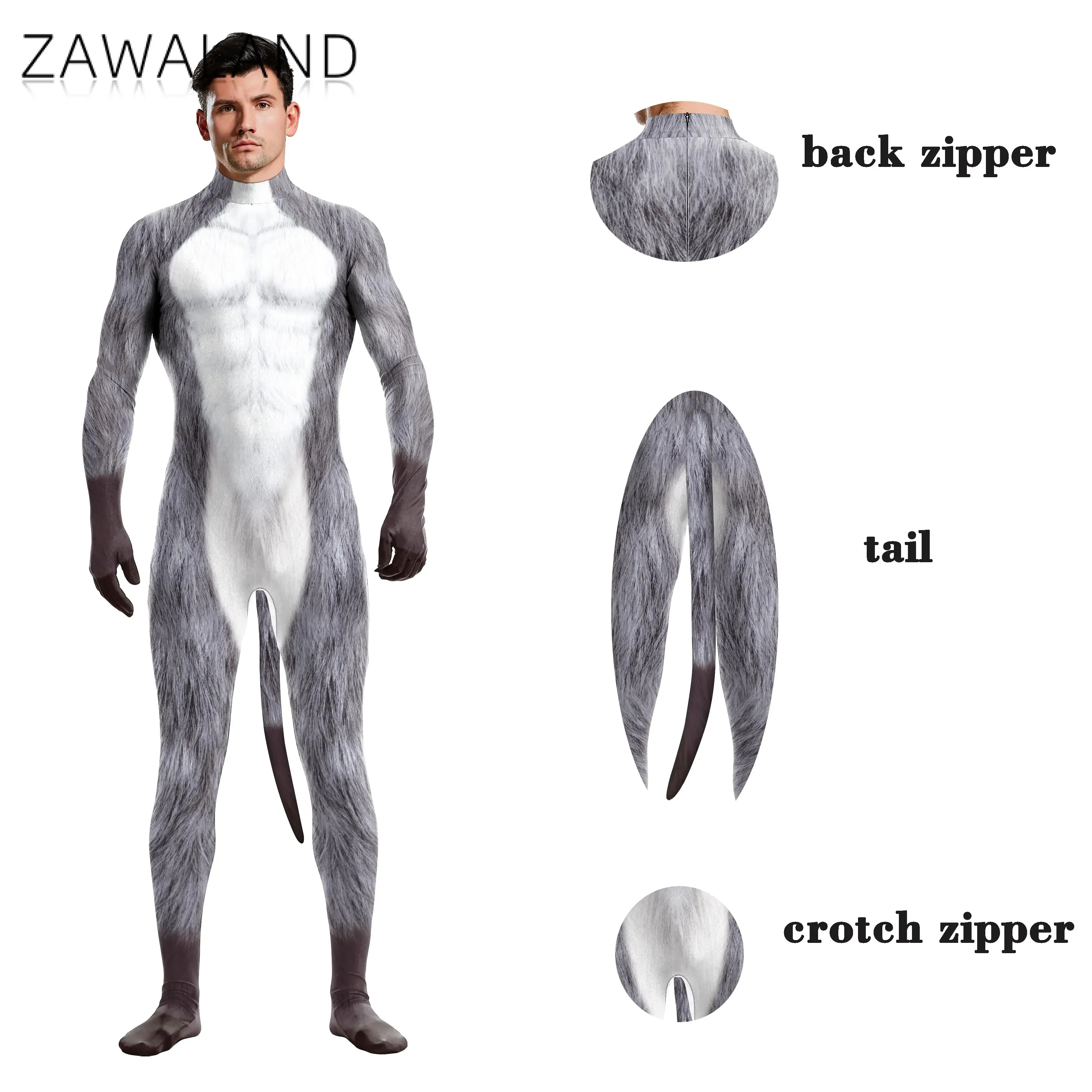 Zawaland Whole Cosplay Costumes Animal Full Cover Snow Wolf 3D Printed Fantasy Catsuit Adult Unisex Zentai Suit Bodysuit cosplay costume