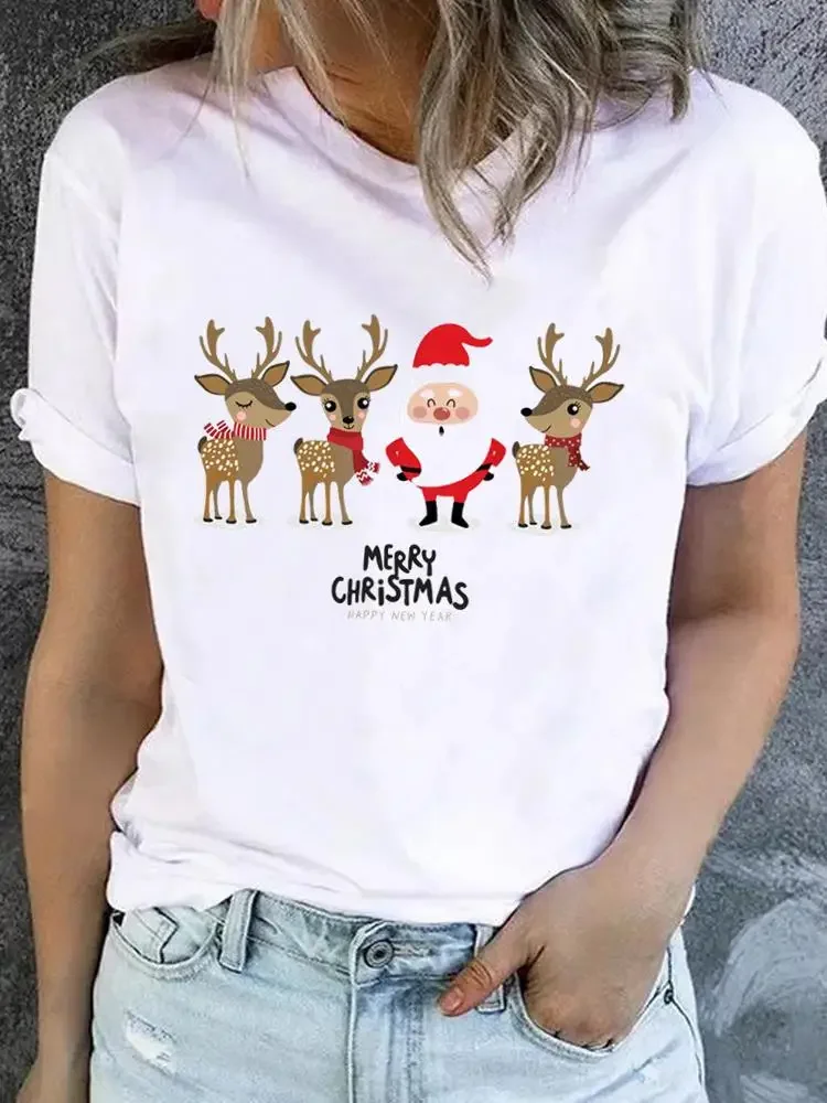 

Christmas Clothes Fashion New Year Short Sleeve Print T Funny Style Cute Cartoon Top Basic Women Tee Clothing Graphic T-shirts