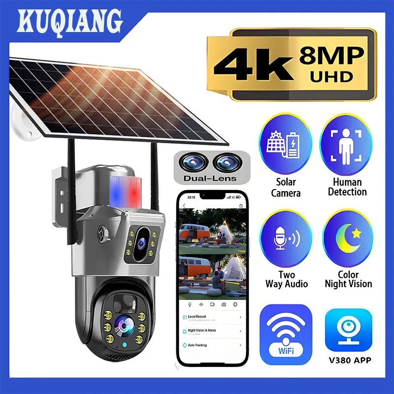 4K 8MP Outdoor WiFi Solar Camera Dual Screen Wireless Surveillance Camera PIR Human Auto Tracking Solar Security CCTV Cam V380 1