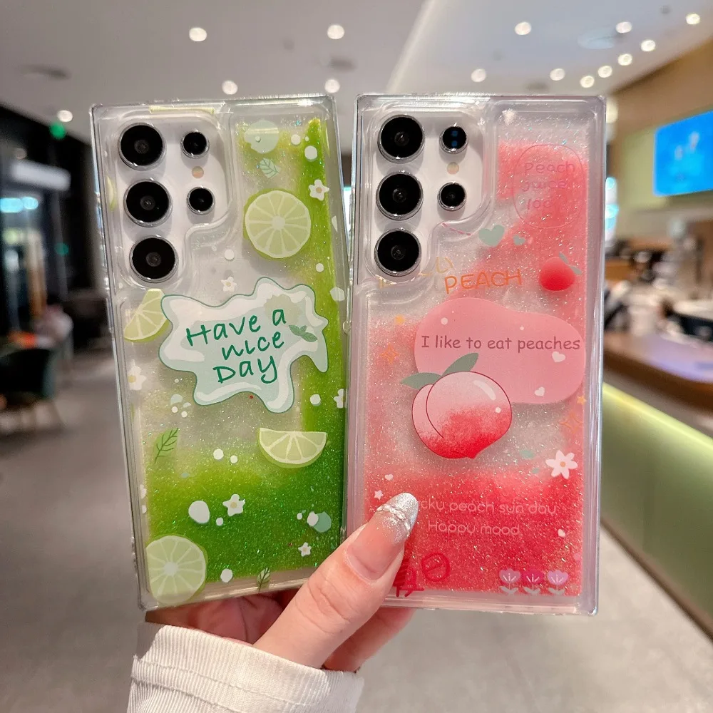 Luxury Flowing Glitter Liquid Quicksand Case - Cute Peach Lemon Shockproof Clear Cover