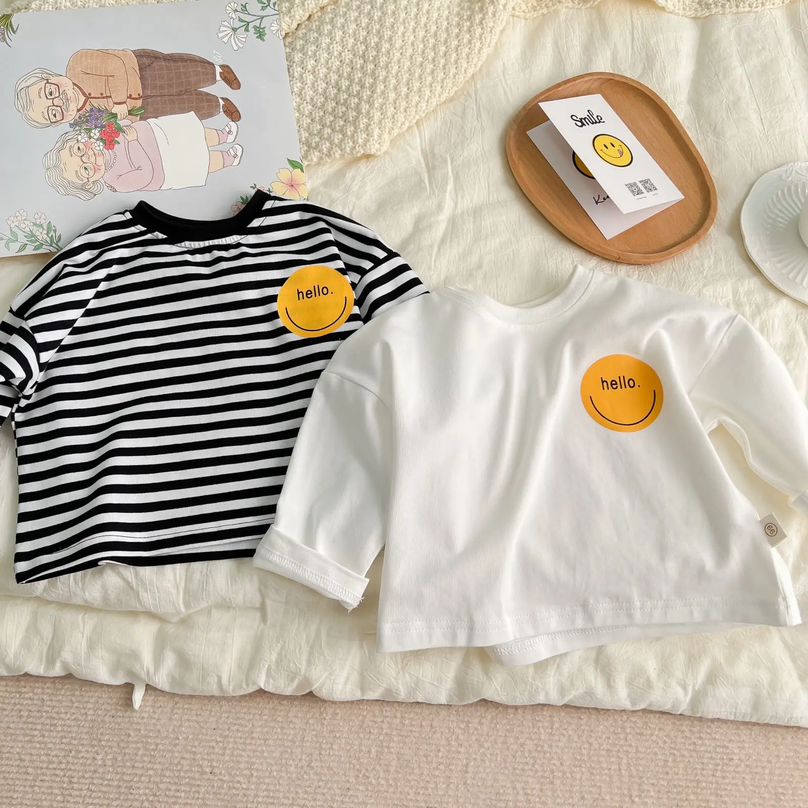 1163A Baby Clothes Stripe T Shirt Spring Autumn New Smiling Face Baby Boy T Shirt Stripe Casual Girl T-shirt Tops