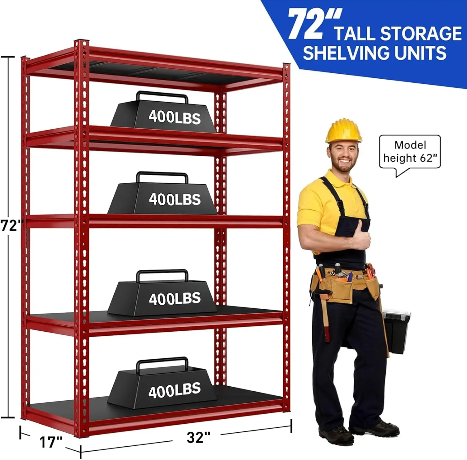 72" Garage Shelving 2000 LBS Storage Shelves Heavy Duty Metal Shelving Units Rack Shelf for Garage Pantry,Kitchen, Basement,Red 3