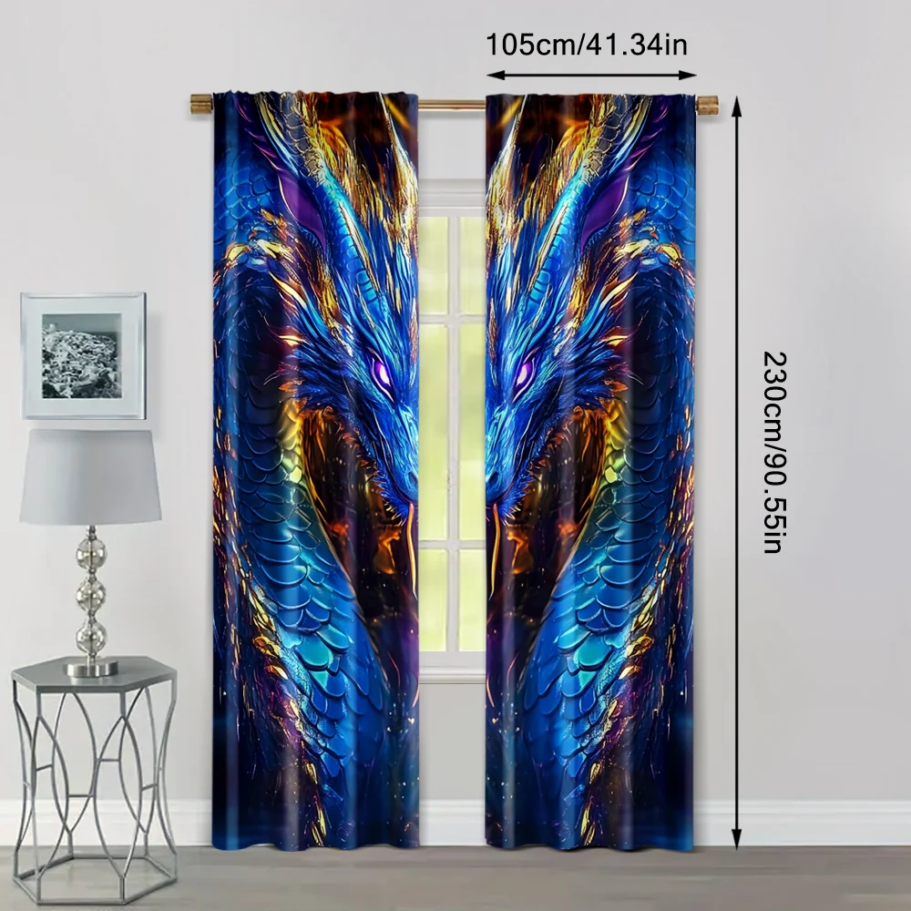 2pc, Scene Curtain Fashion dragon totem print Durable Polyester,Without Electricity Family Party Use for Holiday Parties, Home 4