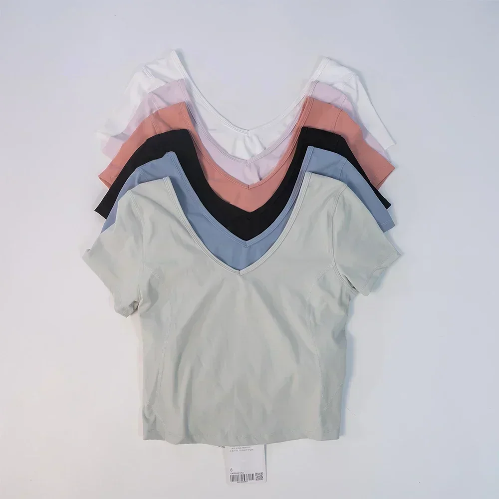 Lemon Women Fitness Sportswear Crop Tops Sexy Shirts Backless Sports Tops Gym Clothing Yoga Wear Shorts Sleeve for Summer