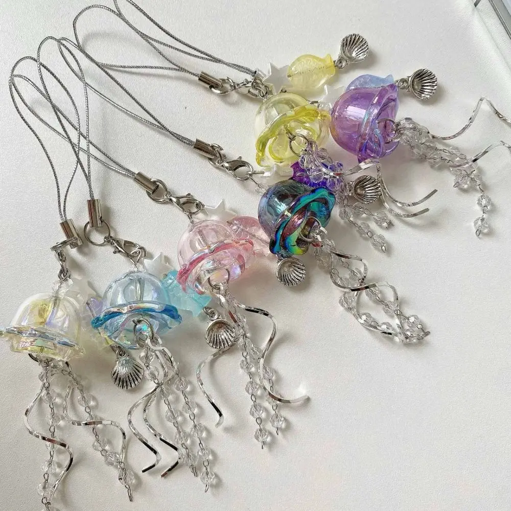 Jellyfish Tassel Y2K Jellyfish Mobile Key Chain Sea Shell Fish Korean Phone Charm Keycord Beads Chain Jellyfish Beaded Pendent