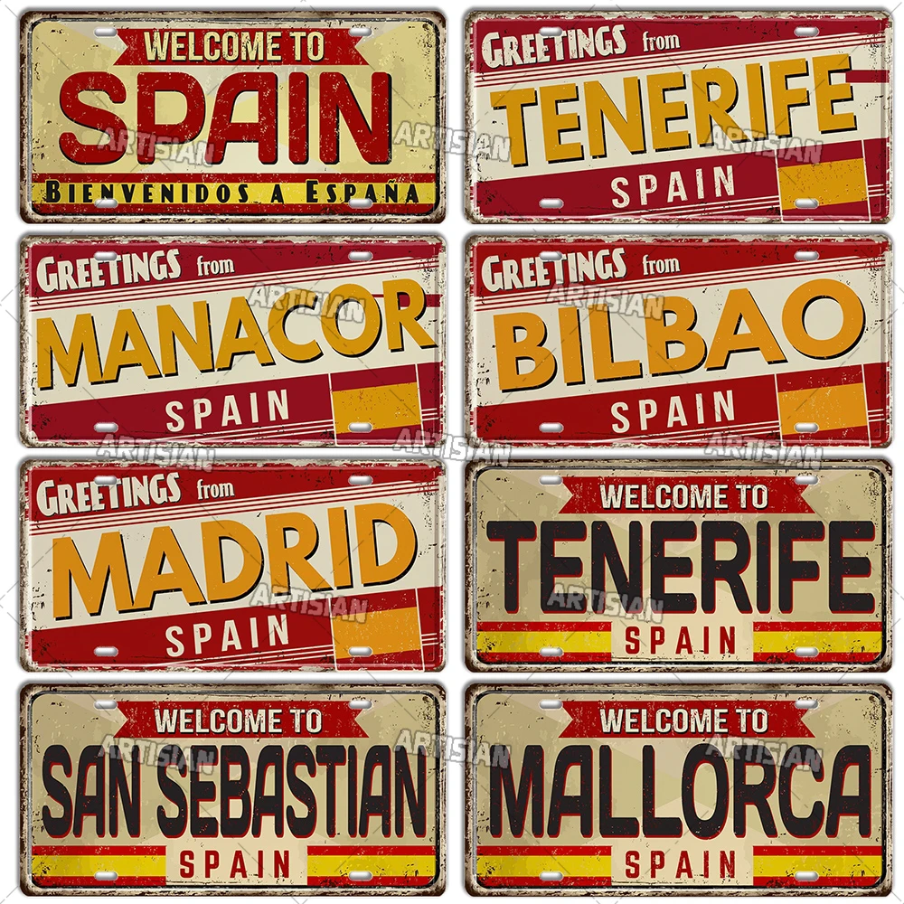 Artisian SPAIN 번호판 랜드마크 금속 사인 도시 국가 장식 플라크 벽 장식 차고 바 펍 클럽 호텔 카페 주방