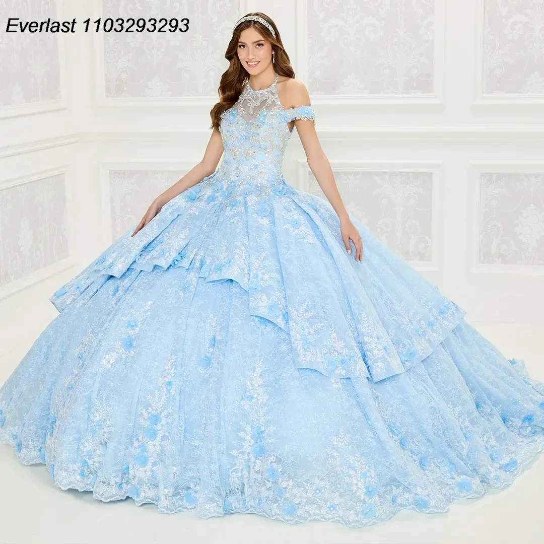 

EVLAST, небесно-голубое платье для Quinceanera, бальное платье, женское милое платье с открытыми плечами 16 лет, 15 лет TQD238