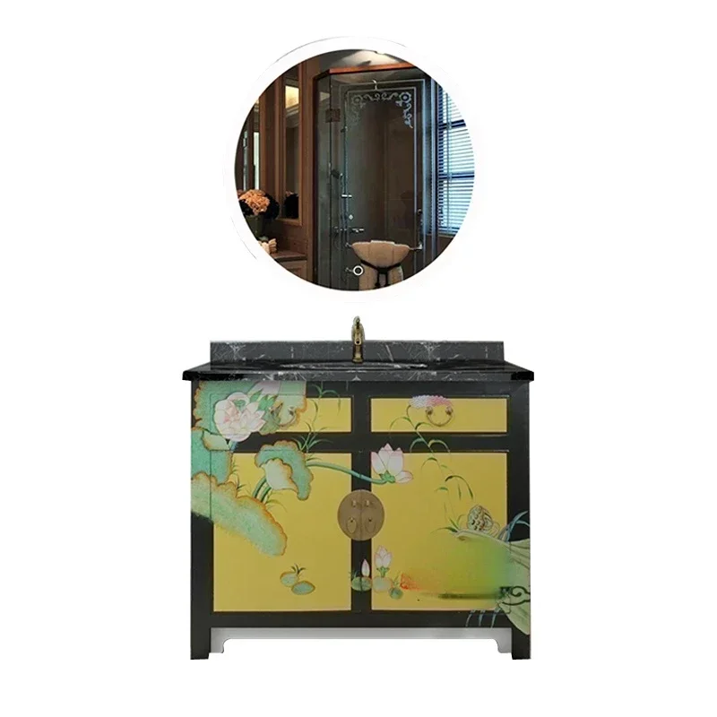 ~Retro Painted New Chinese Bathroom Cabinet Solid Wood Floor-Standing Chinese Bathroom Cabinet Furniture