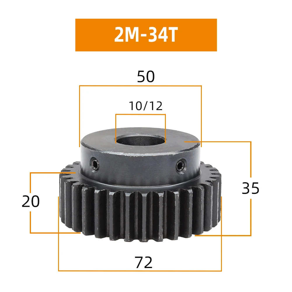 Motor Gear 2M 34T Pitch 6.28 mm Bore 10/12mm Gear Wheel Blackening SC45#Carbon Steel Material Teeth Height 20mm 2M34Teeth