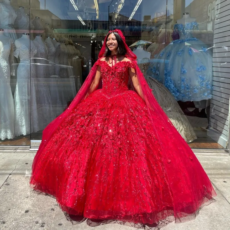 

Red Quinceanera Dresses 2023 Ball Gown Sweet 16 Dress With Cape Applique 3DFlower Pageant vestido de 15 anos quinceañera