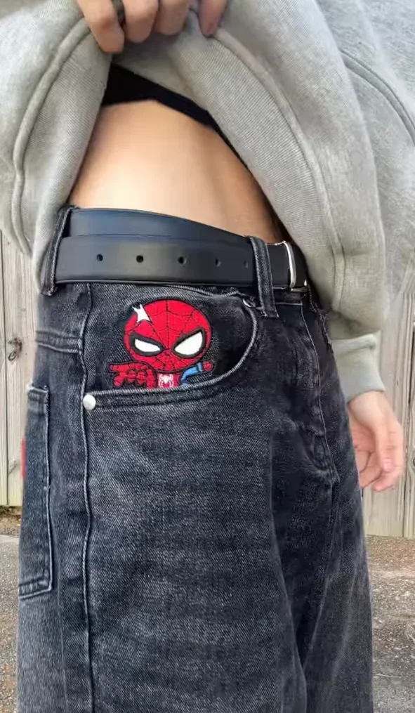Y2K American Street Style Kawaii Spider Embroidery Loose Skate Jeans Hip-hop Fashion Gothic Retro Denim Pants 2