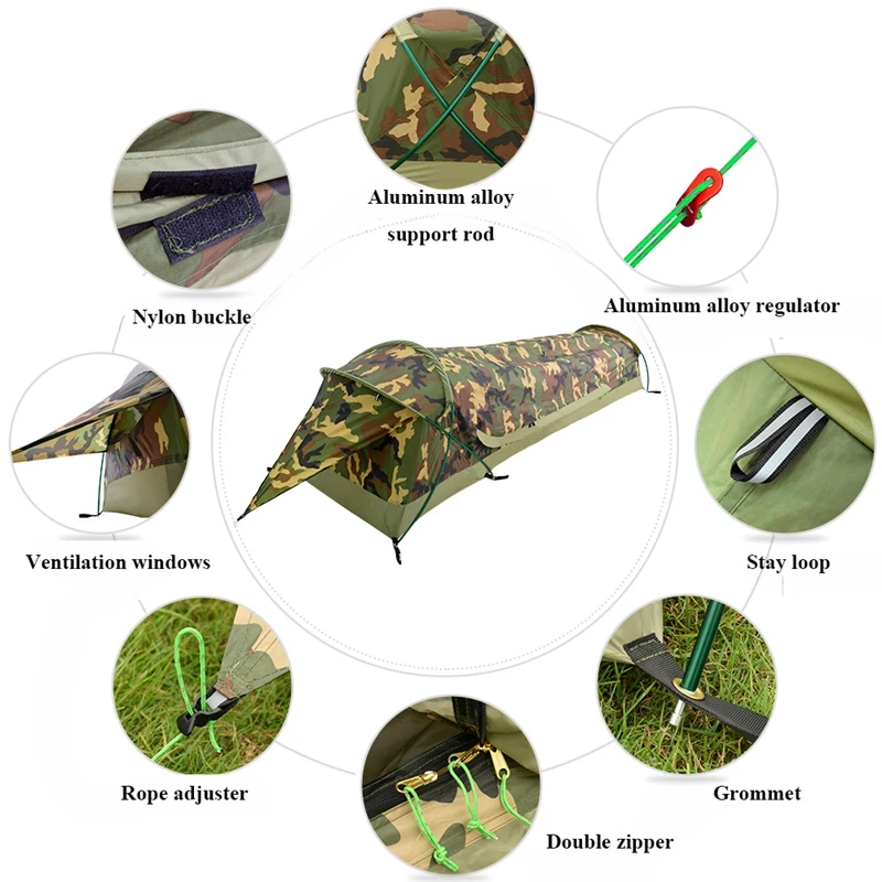 Single Person Camouflage Tunnel Tent Outdoor Camping Portable Lightweight Rainproof Nylon Fabric Aluminum Pole Double Zipper