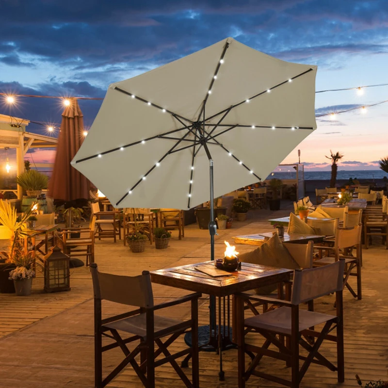 

10 Feet Solar LED Lighted Patio Market Umbrella Shade Tilt Adjustment Crank Umbrellas for Beach Furniture