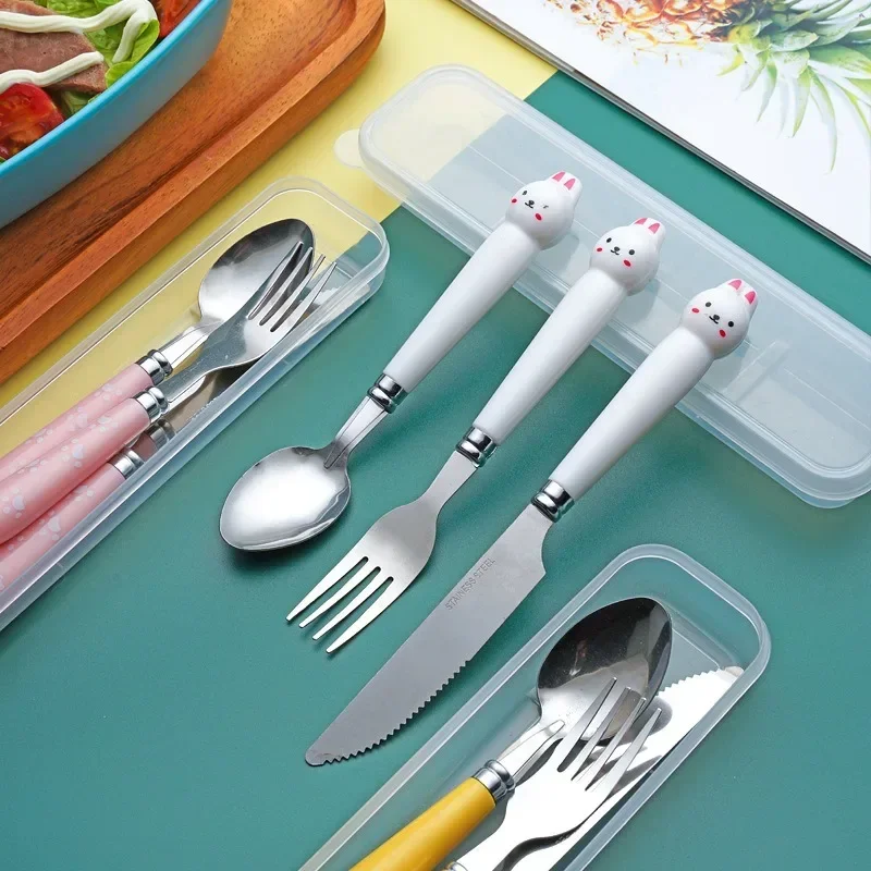 Creative Cartoon Stainless Steel Fork Spoon Chopsticks Three Piece Set Cute Student Spoon Chopsticks Portable Tableware Set