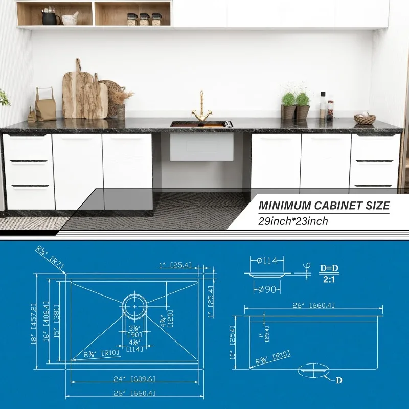 26 Inch Kitchen Sink, 26x18 Inch Single Bowl Undermount Sink with Single Track, 16 Gauge Gold Stainless Steel Workstation Sink 6