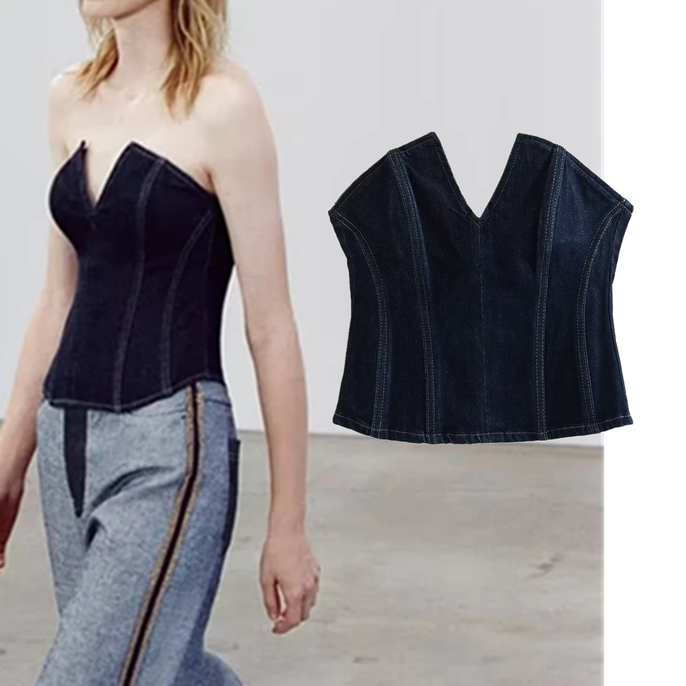 

Withered Ins Blogger Fashion Retro Denim Corset Ladies Cropped Top Women