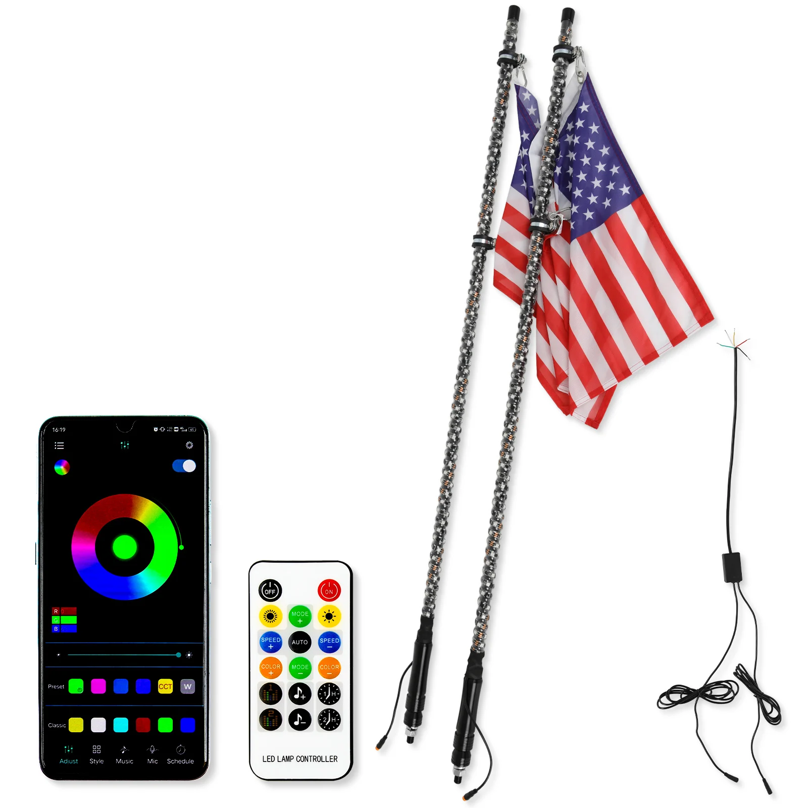 2PCS 4FT 5050RGB Bluetooth And Remote Control Colorful Spiral LED Whip Lights Lighted Antenna Whips for ATV Polaris RZR