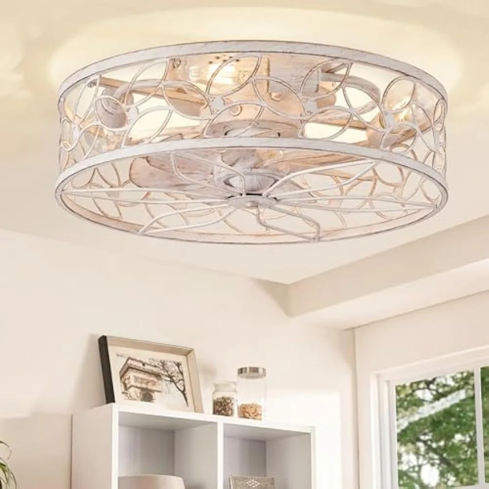 

Caged Ceiling Fans with Lights, White Flush Mount Ceiling Fan with Remote, Small Low Profile Bladeless Ceiling Fan Light Fixture