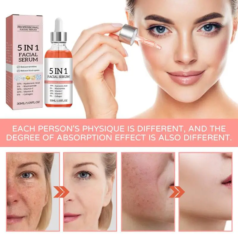 

5 In 1 Face Serum Moisturizing Hyaluronic Acid Anti Wrinkle Aging Vitamin C Whitening Facial Serum Shrink Pores Skin Care 30ML