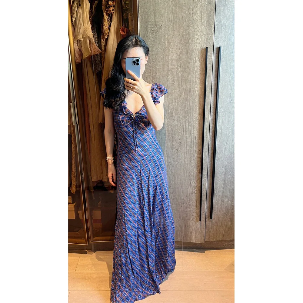 

High quality! French retro plaid print V-neck halter dress women 24 summer new temperament waist long skirt