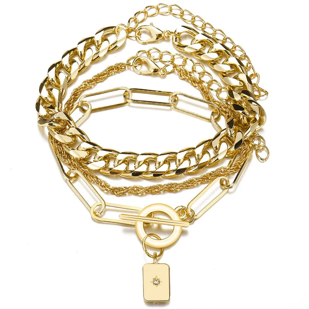 3Pcs Metal Bracelet European And American Style Thick Chain Personality Twist Ot Buckle Tag