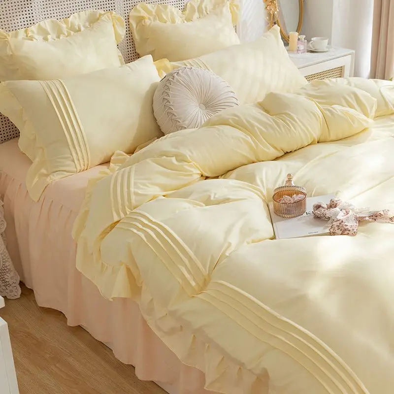 

INS Korean Style Princess Lace Ruffles Duvet Cover Set Solid Color Bedding With Pillowcases Sheet Skin-friendly Soft Bedclothes