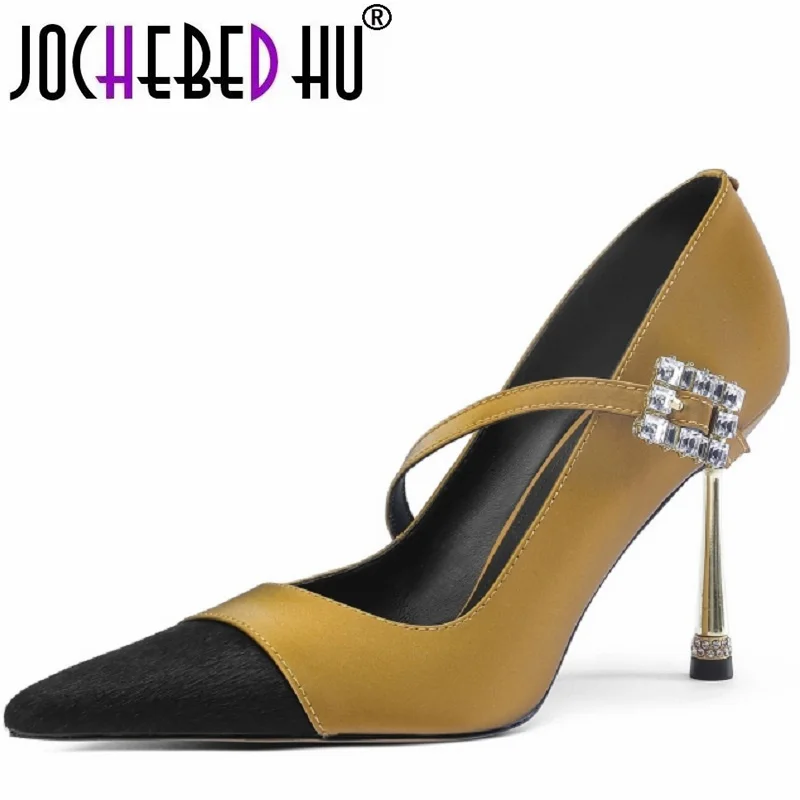 

【JOCHEBED HU】Brand Genuine Leather Heel Pointed Toe Pumps Splicing Sexy Commuting Thin High Heel New Arrival Daily