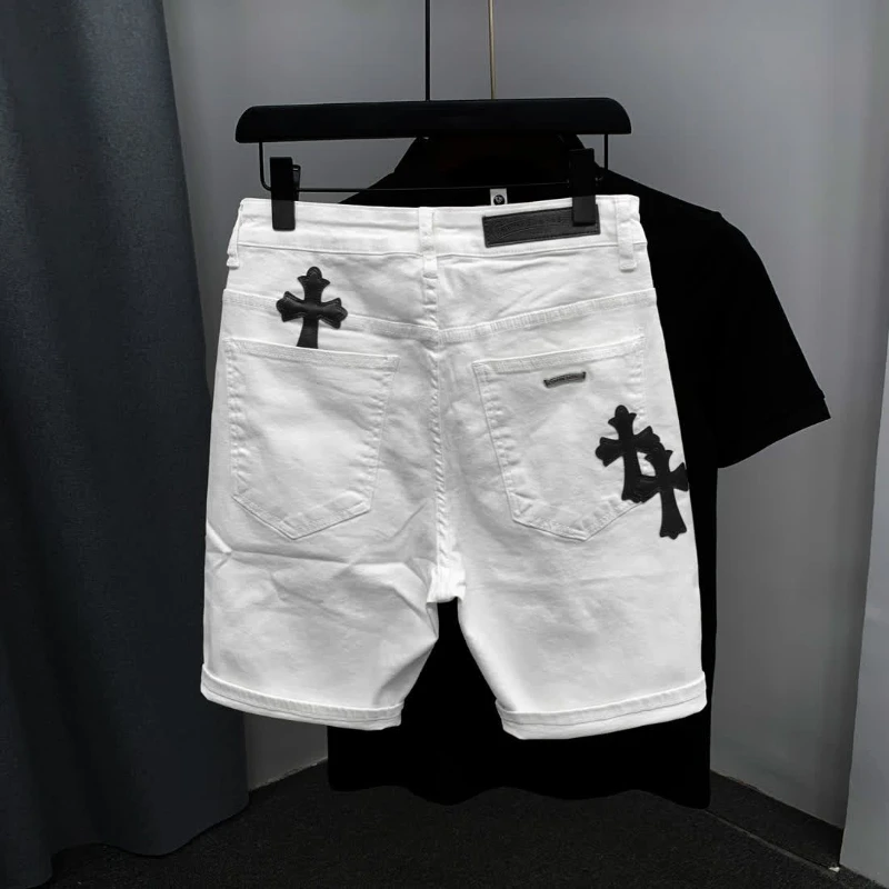 2024 New Summer Cotton Elastic Shorts Men's American Style Street Fashion Brand Embroidered White Denim Shorts for Men and Women