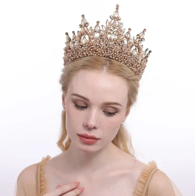 Big Oversized Wedding Crown Product Handmade Beaded Crystal Bridal Crowns Rhinestone Pearl Bead Crown
