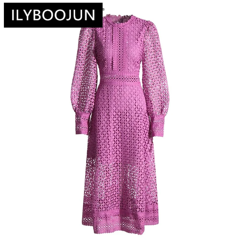 

ILYBOOJUN Embroidery Cut Out Midi Dress For Women Round Neck Long Sleeve High Waist Solid Minimalist Dresses Female Clothing