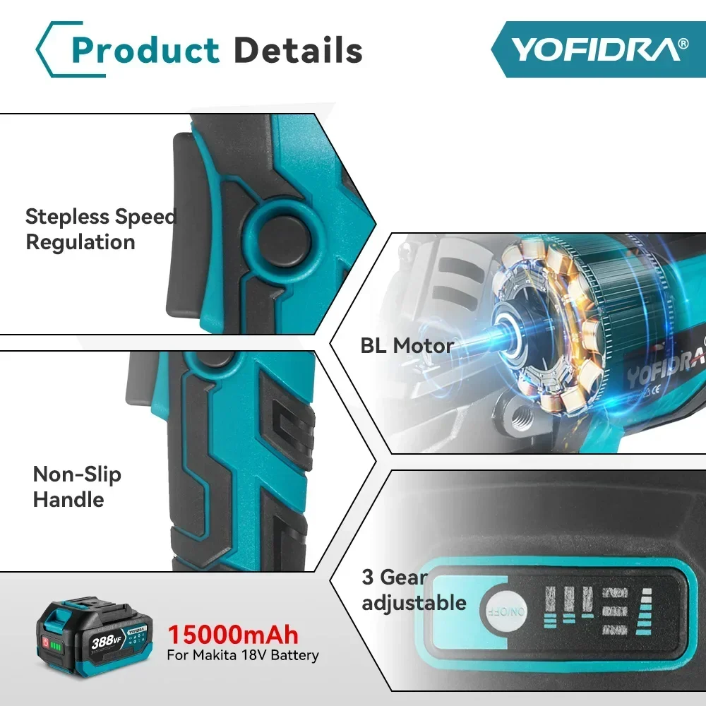 Yofidra 125mm Brushless Electric Angle Grinder 3 Gear Variable Cordless Grinding Cutting Woodworking Tool For Makita 18V Battery 4