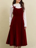 DUSHU Christmas Style Suspender Red Green Black Winter Dress for Women 2024 New Design All-match Chic Long Dress 24DS84338