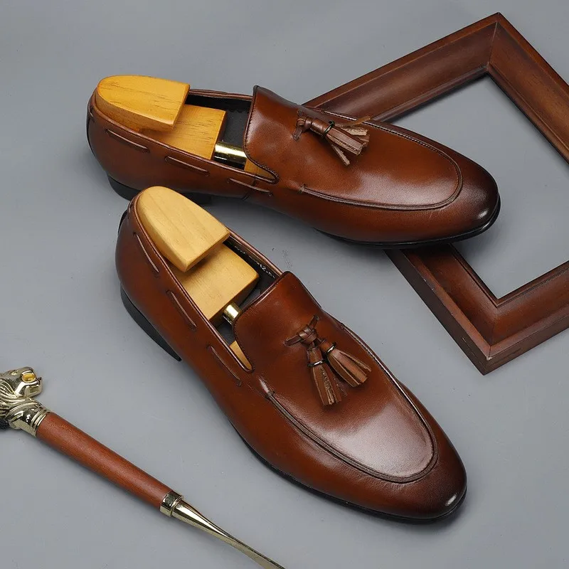 

Italian Men Loafer Genuine Leather Black Brown Casual Dress Shoe Slip On Genuine Leather Wedding Tassel Formal Suit Shoe For Men