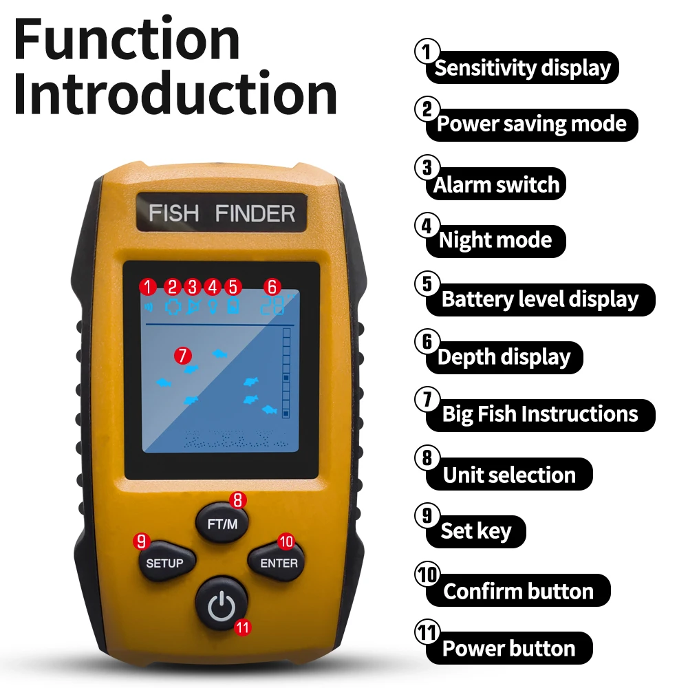 PUPOPAN smart water boat Fish Finders Depth Portable Handheld Fish Finder Transducer Wired Ice Fishing Finders Sonar（yellow）