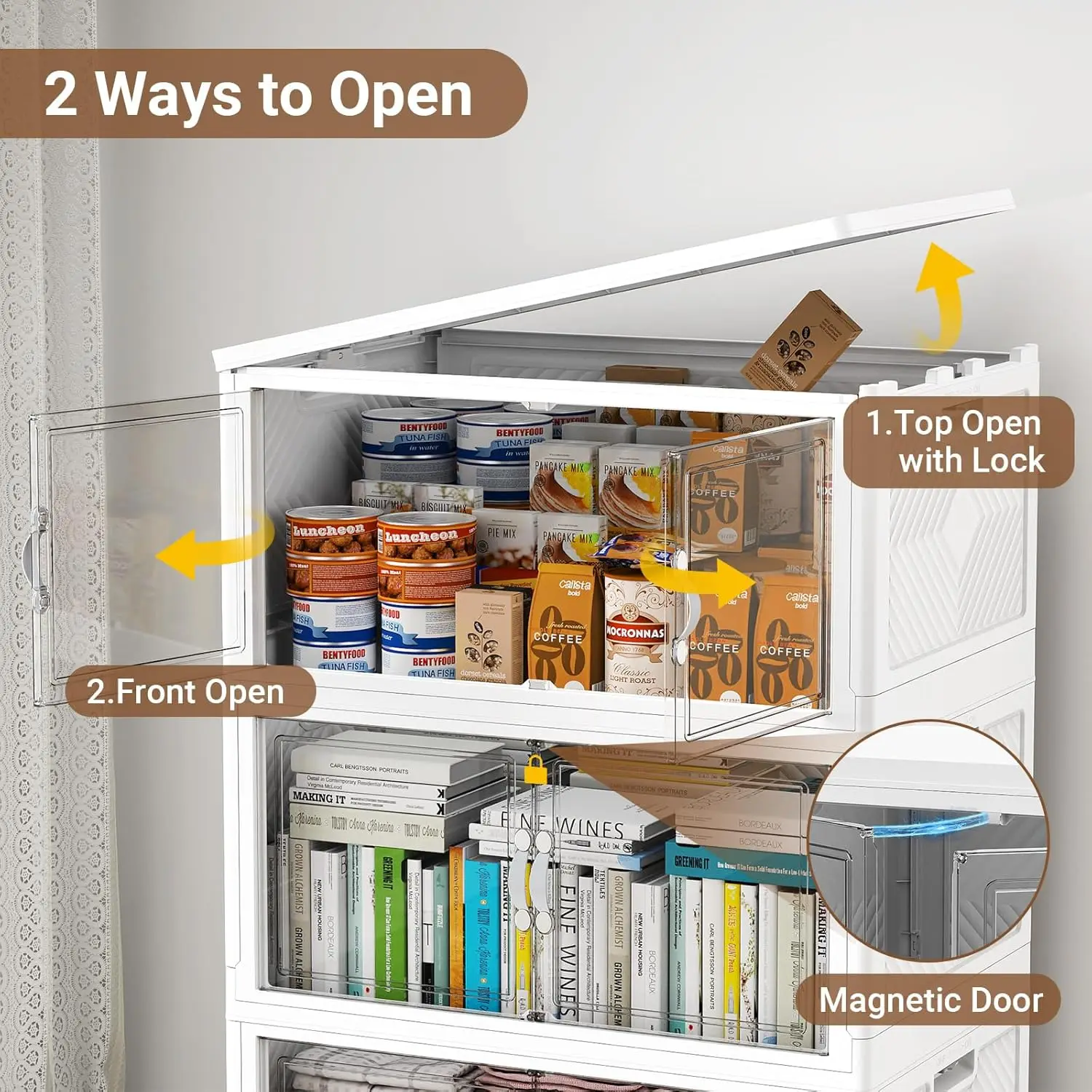 Stackable Storage Bins with Lid, 160Gal Closet Organizers and Plastic Cabinets Shelves, Collapsible Drawers with PET Clear Doors