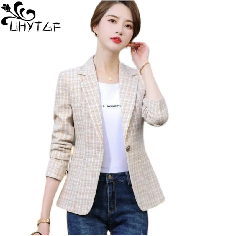 

UHYTGF 2023 New Grid Blazer Jacket Woman Korean Fashion Slim Spring Autumn Coat Female Casual Short Outerwear Ladie Clothes 2517