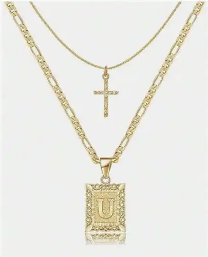 Letter Necklace Layered Initial Cross Necklace, Layering Square Letter Pendant Figaro Chain Cross Choker  for Women Girls
﻿ - Image 29