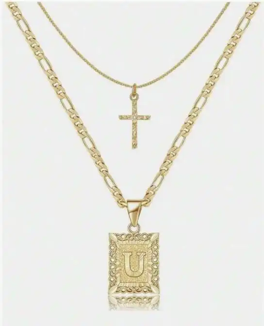 Letter Necklace Layered Initial Cross Necklace, Layering Square Letter Pendant Figaro Chain Cross Choker  for Women Girls
﻿ - Image 29