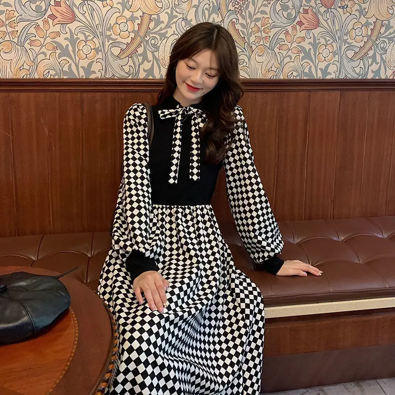 Fashion Women Houndstooth Dress Peter Pan Collar Long Puff Sleeve Straight  Plaid Dress Black & White